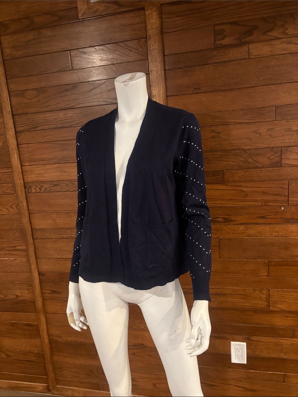89th & Madison Navy Open-Front Cardigan with Studded Sleeve Detail
